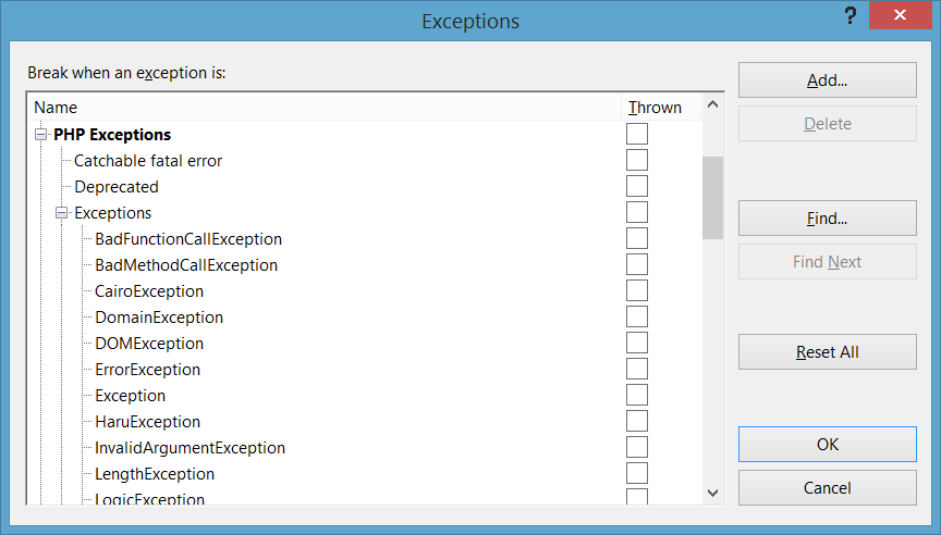 Exceptions configuration dialog