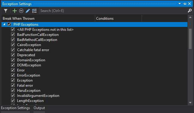 Exception settings window