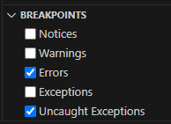 VS Code Breakpoints panel