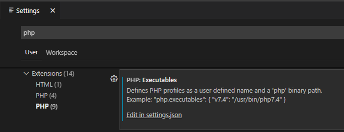 vscode settings php executables