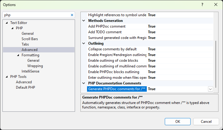 php advanced options