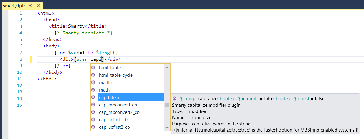 Smarty intellisense completion