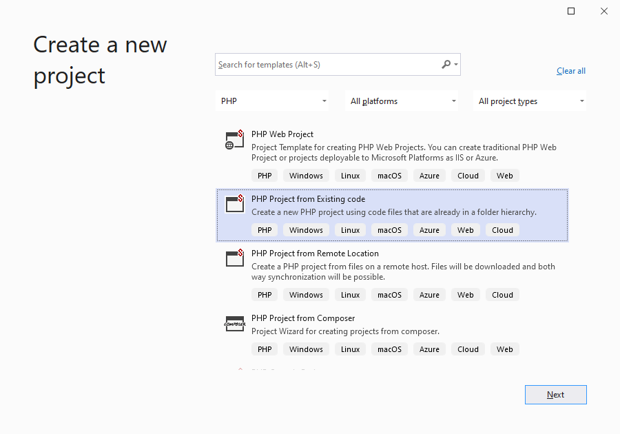Visual Studio New PHP Project From Existing Code