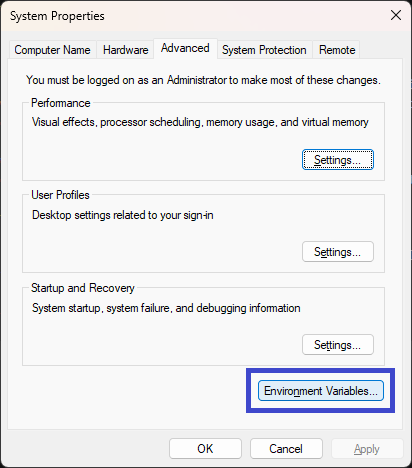 advanced system settings - environment variables