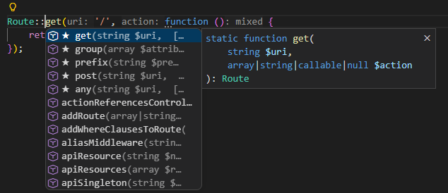 IntelliPHP helping with Laravel snippet