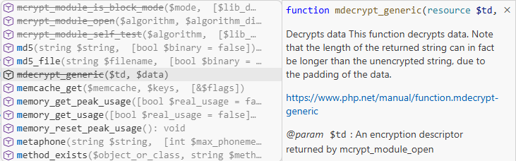 code completion list