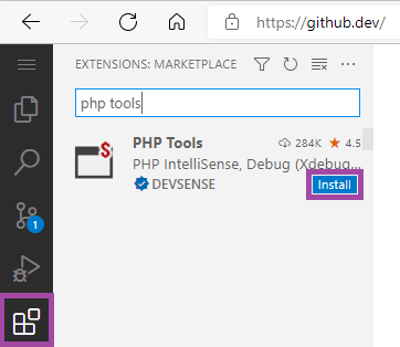 installing php tools in vscode web